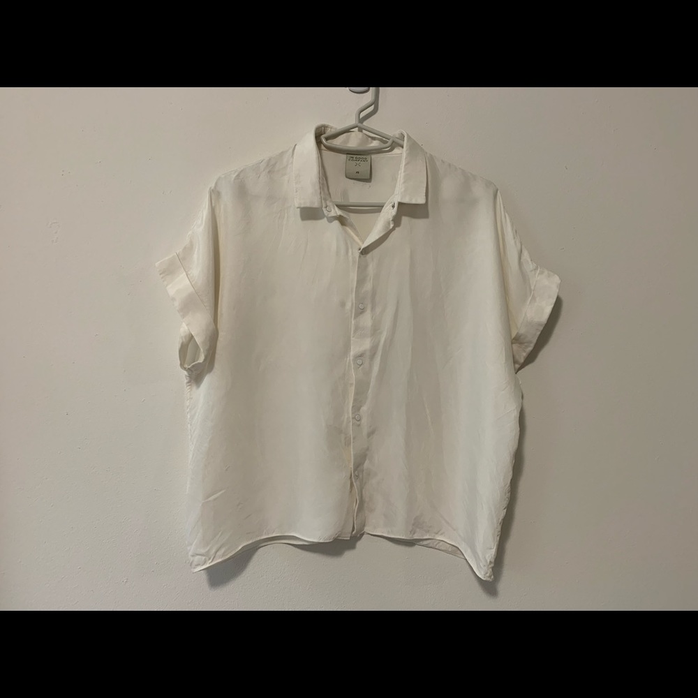 White Collared Button Silky Cupro Short Sleeve Top - image 3